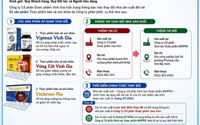 THÔNG BÁO về việc thay đổi NHÀ SẢN XUẤT sản phẩm Thực phẩm bảo vệ sức khỏe Vindermen Plus