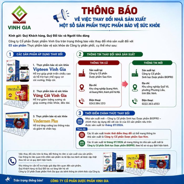 Thông báo thay đổi nhà sản xuất sản phẩm Vindermen Plus - Dược phẩm Vinh Gia
