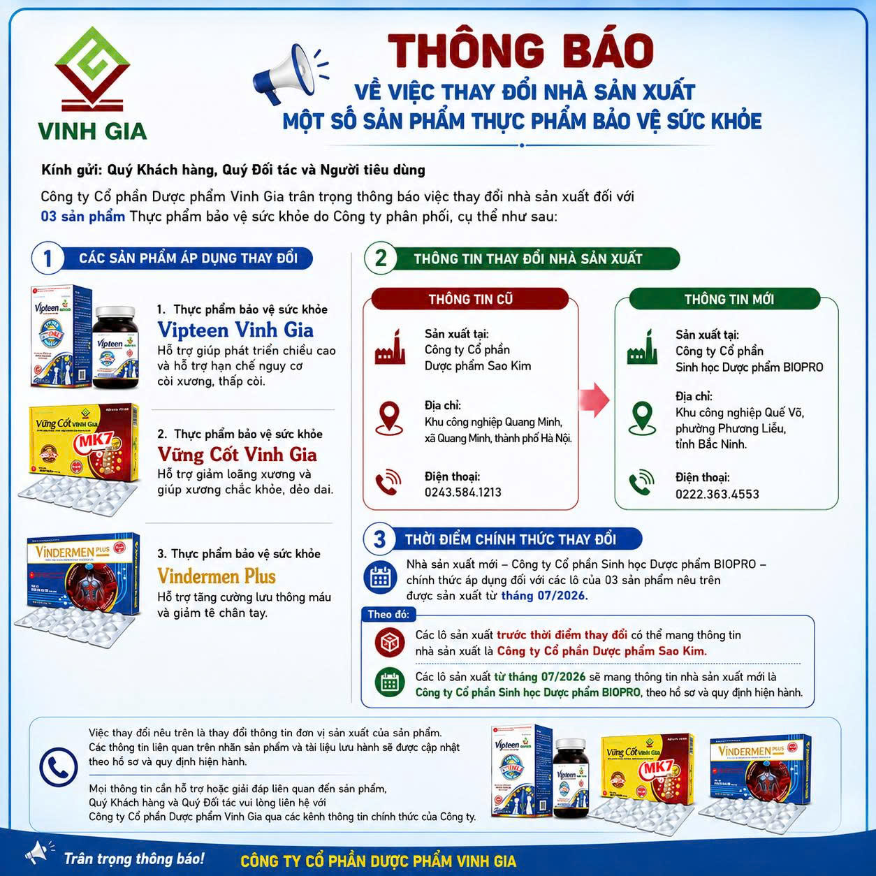 Thông báo thay đổi nhà sản xuất Thực phẩm bảo vệ sức khỏe Vindermen Plus - Dược phẩm Vinh Gia